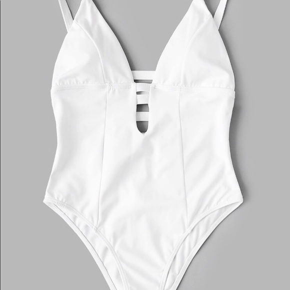 White One Piece Deep V Strappy Swim Suit - Picture 2 of 2